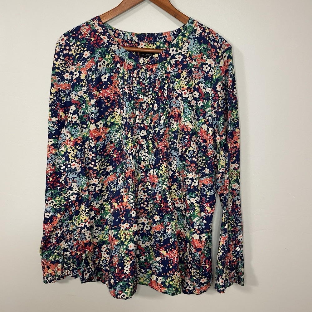 Talbots Multicolor Floral 3/4 Button Long Sleeve Cotton Tunic Blouse XL